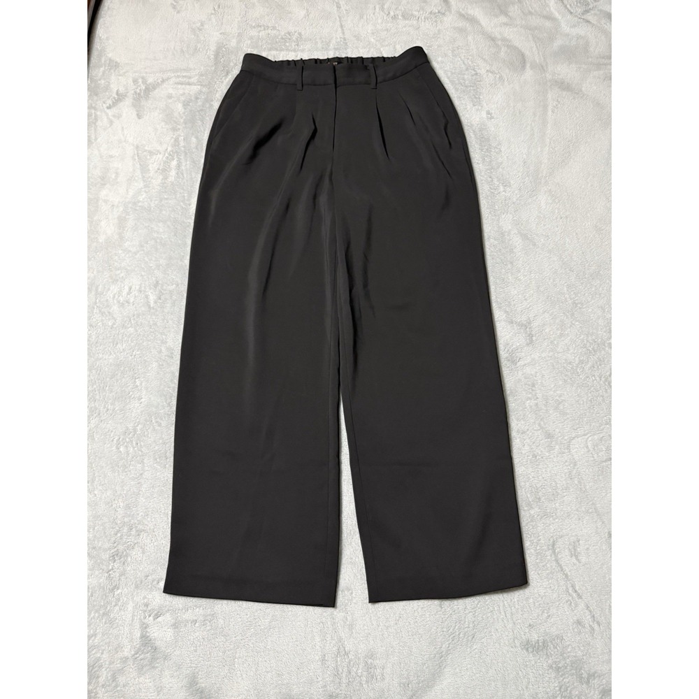 Quince Stretch Crepe Pleated Wide Leg Pants Black High Rise Trousers Size 10 28" - Picture 1 of 11
